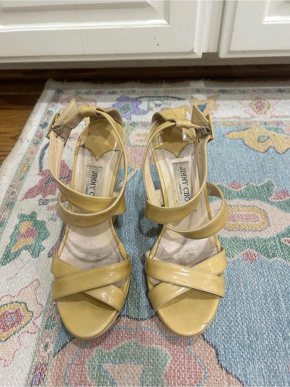 Jimmy Choo Patent Leather Nude Strappy Heels- wedge heel